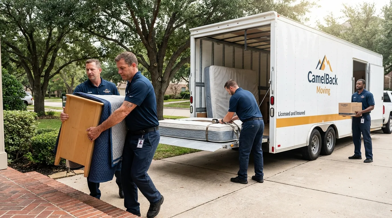 Crew loading residential truck for cross-state move from Lebanon, OR
