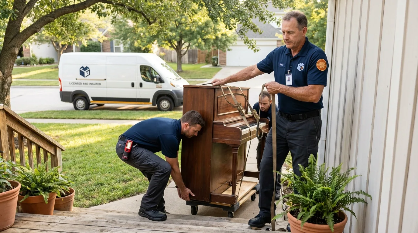 Licensed piano movers securing grand piano in Lebanon, OR