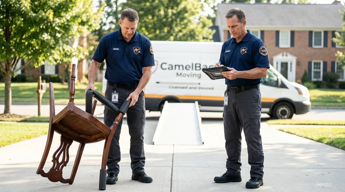 Movers inspecting furniture for damage prevention before loading in Lebanon, OR